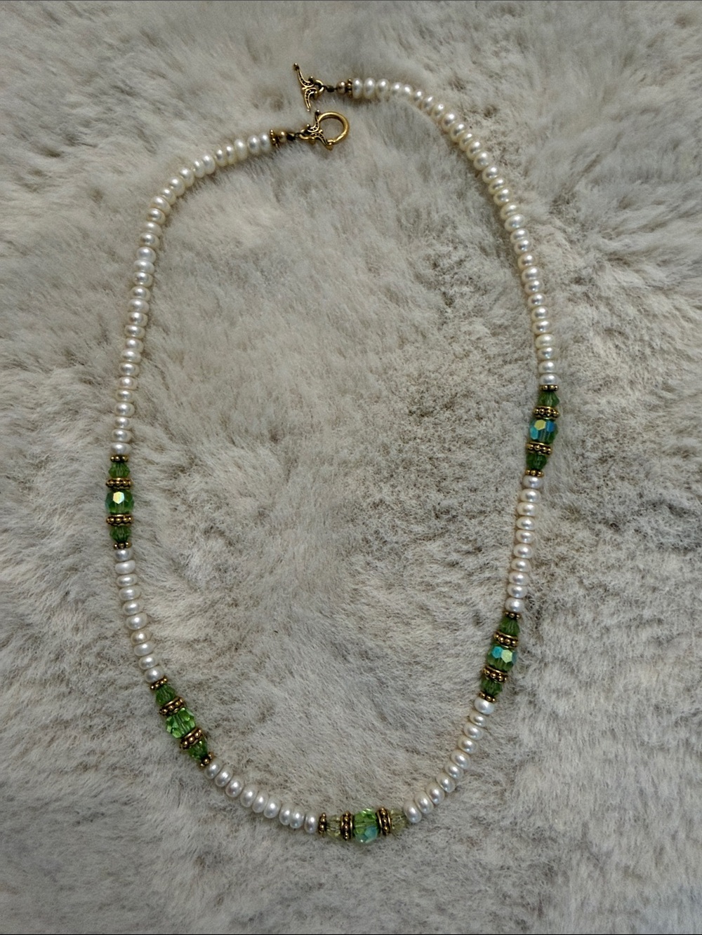 Freshwater Pearl Necklace with Green Crystal Accents